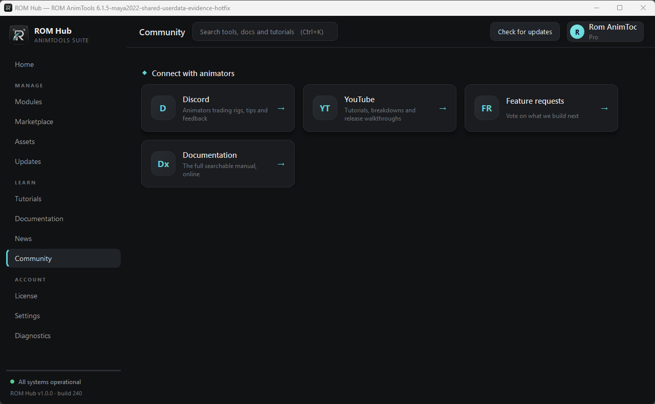 ROM Hub Community page inside Autodesk Maya