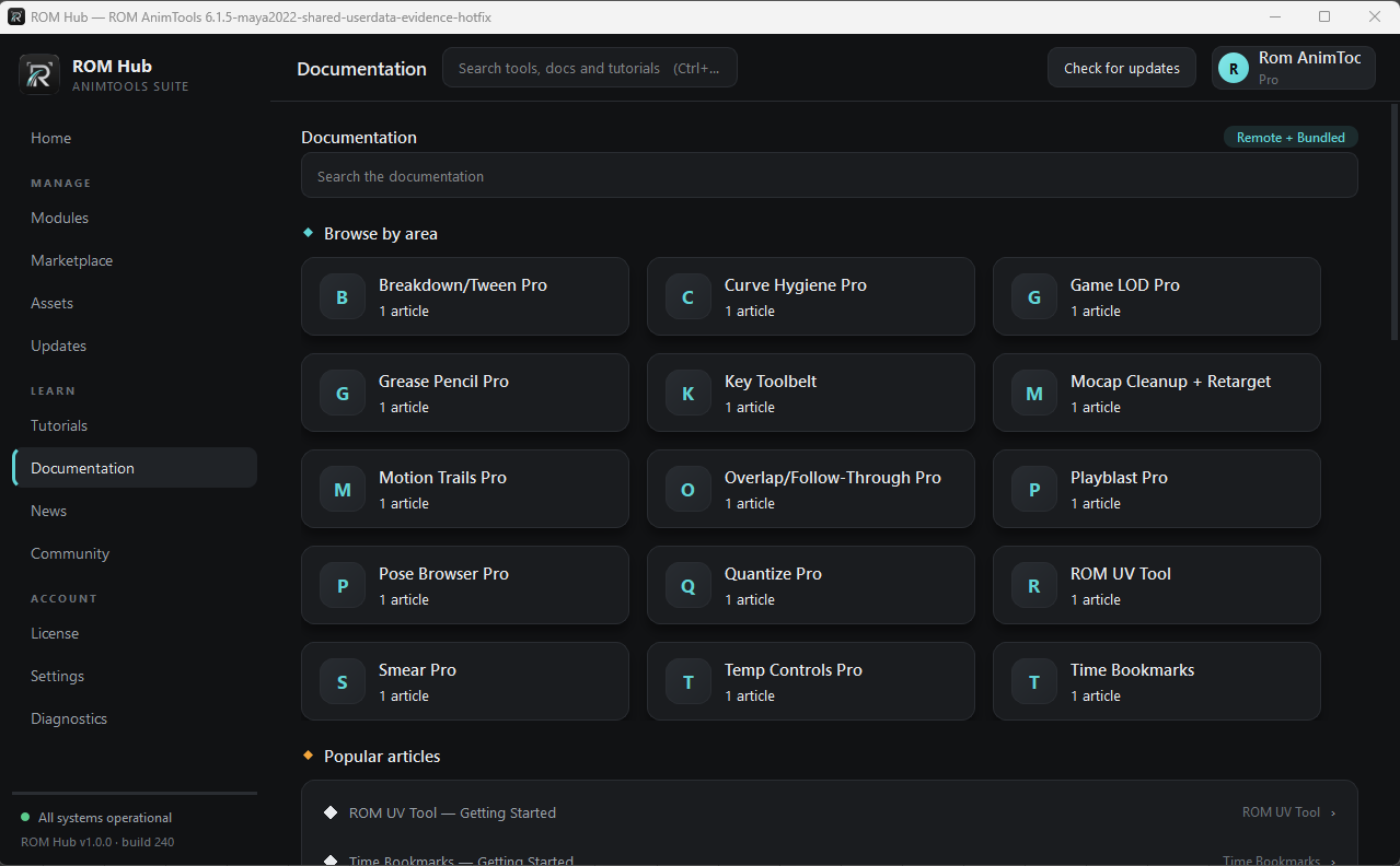 ROM Hub Documentation page inside Autodesk Maya