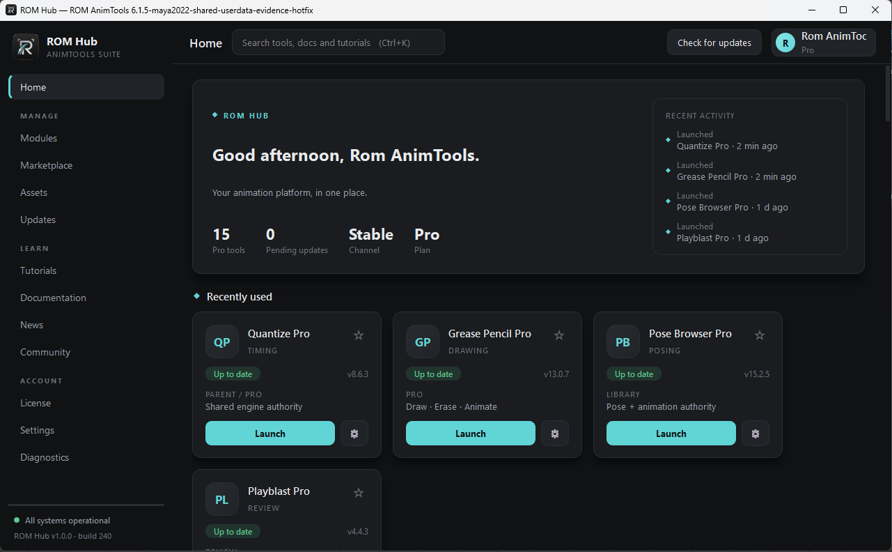 ROM Hub Home dashboard inside Autodesk Maya showing Pro tools, update status and recent activity