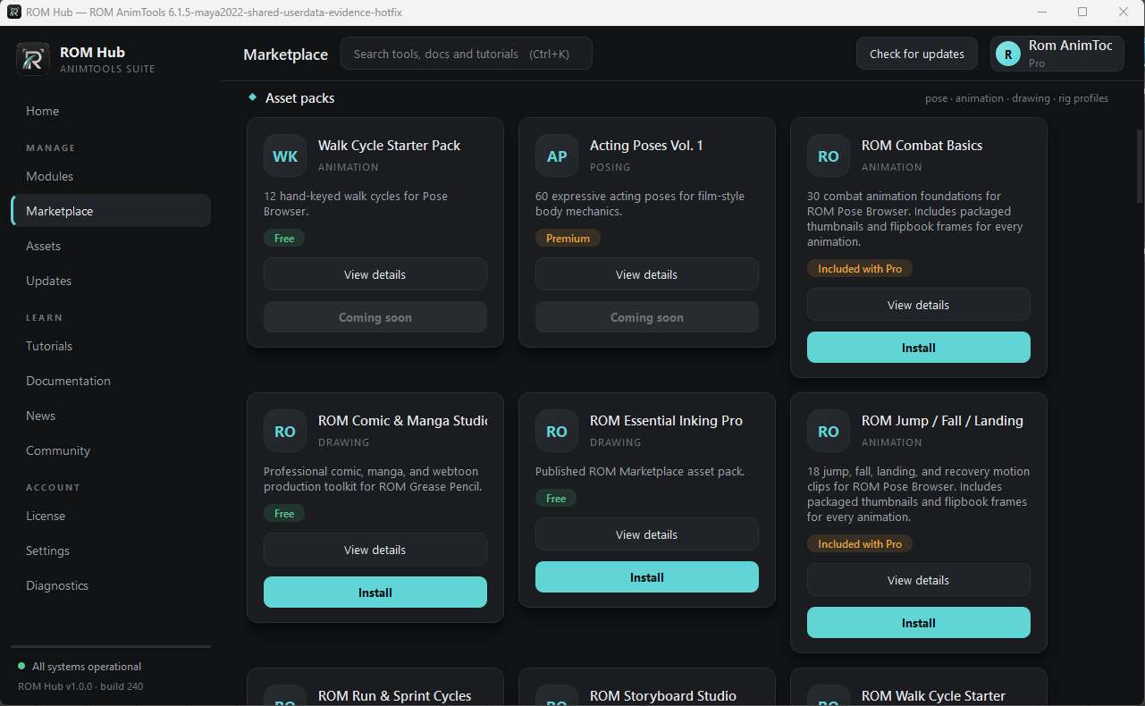 ROM Hub Marketplace page inside Autodesk Maya