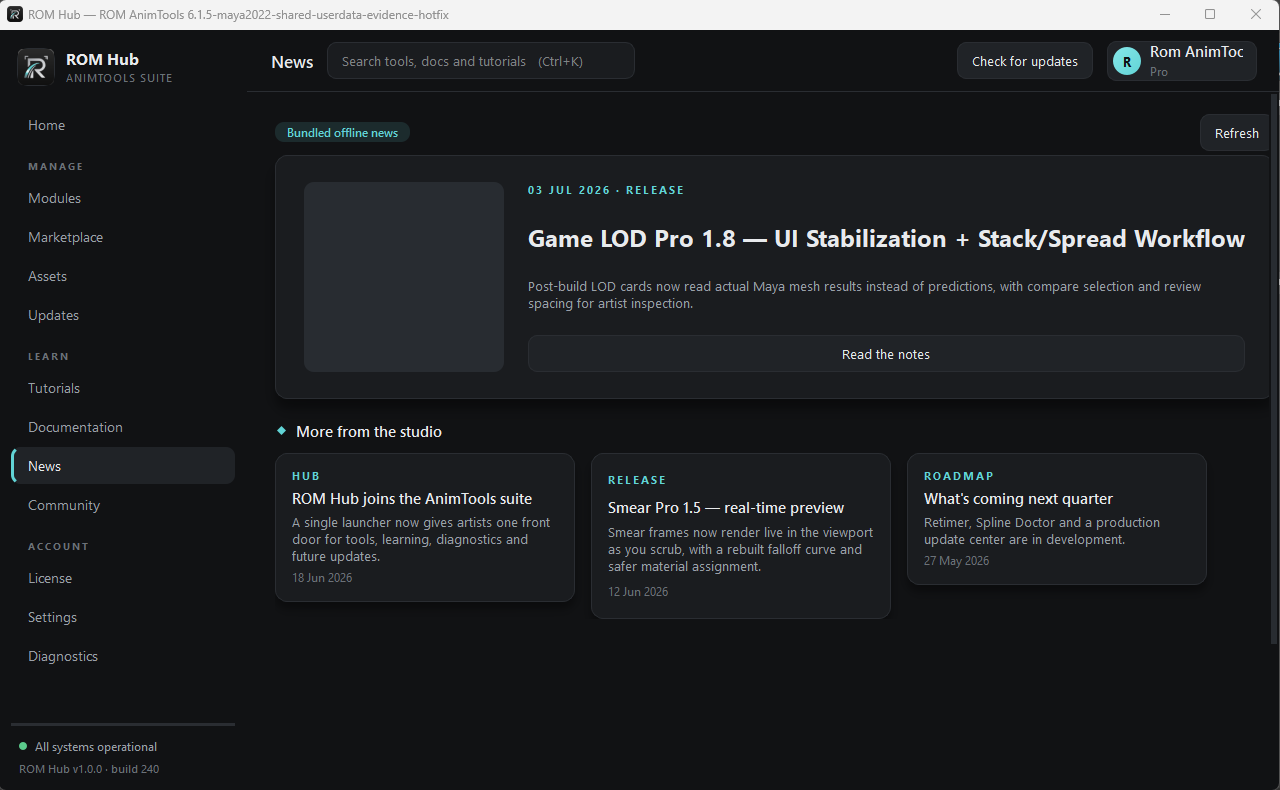 ROM Hub News page inside Autodesk Maya