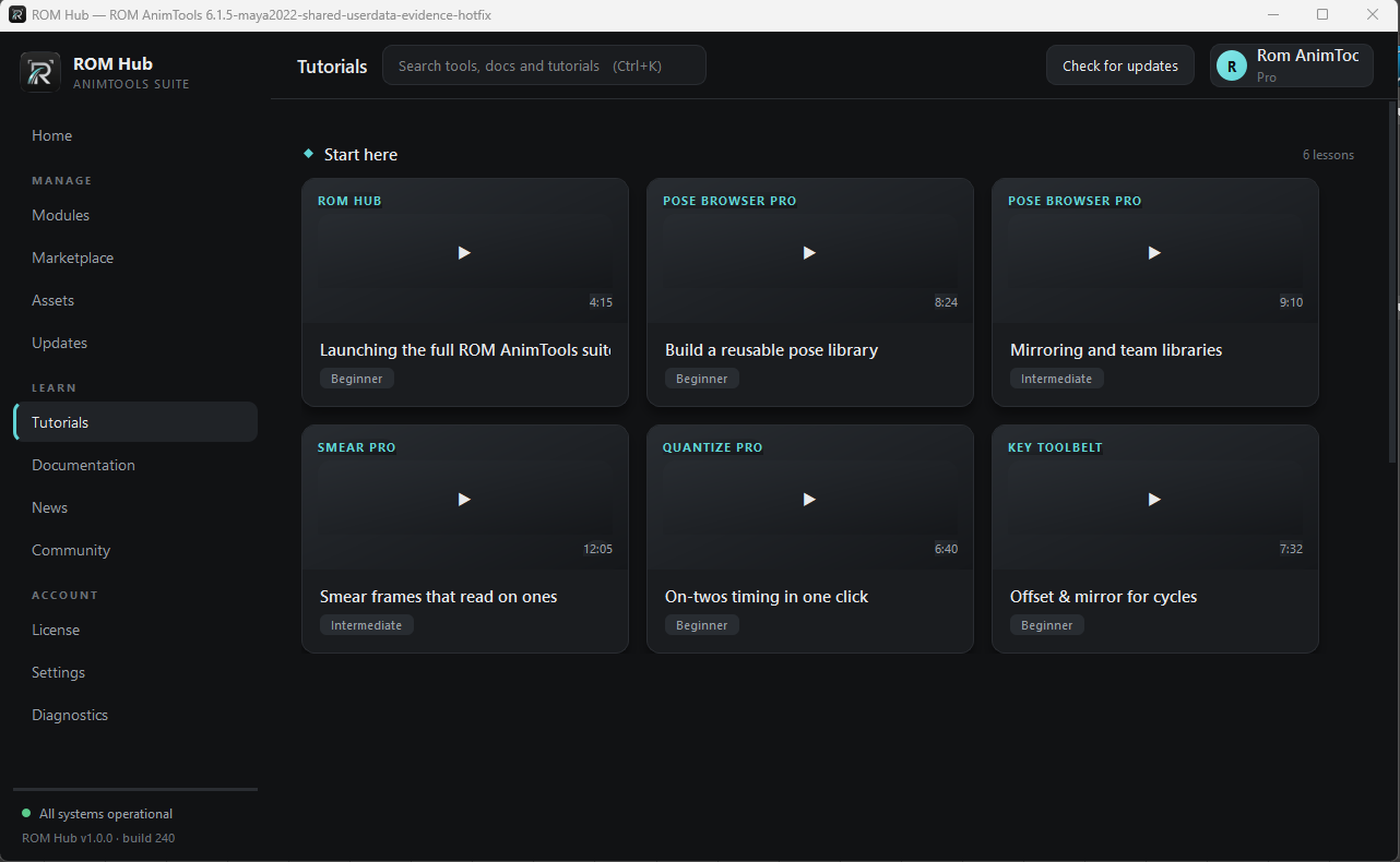 ROM Hub Tutorials page inside Autodesk Maya